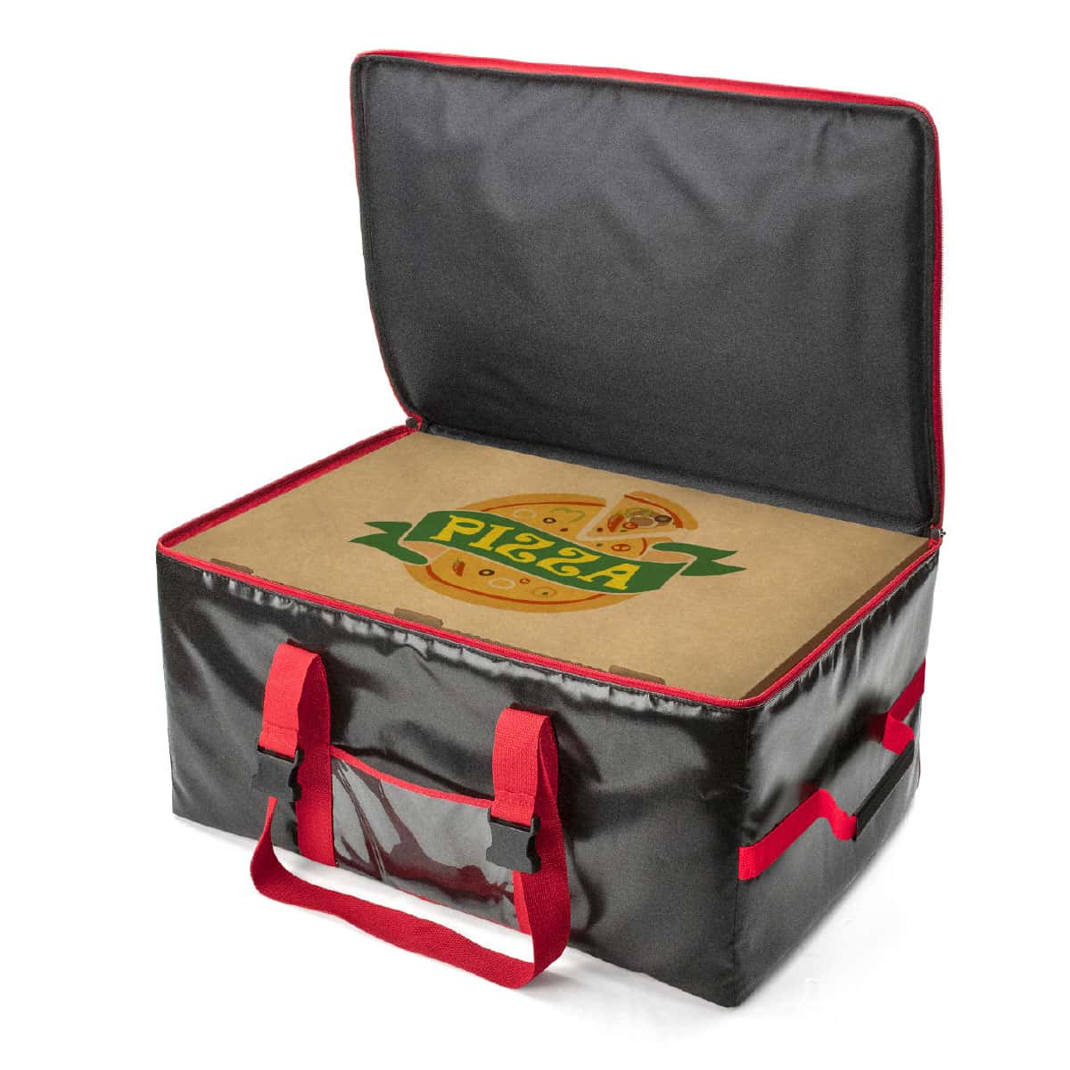 It can contain up to 5 pizza boxes measuring 60x40 cm